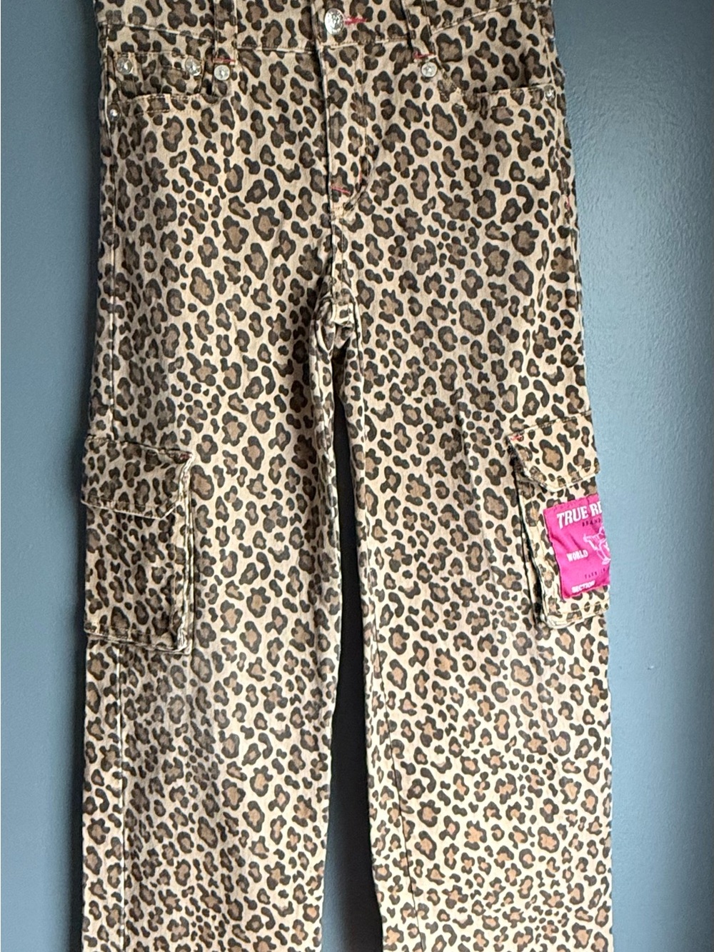 True Religion Leopard Print Cargo Overalls in Beige Brown